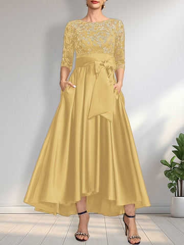 A-line Scoop Illusion Asymmetrical Satin Lace Mother of the Bride Dress With Bow