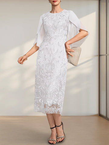 Sheath/Column Scoop Tea-Length Lace Chiffon Mother of the Bride Dress