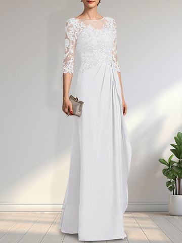 A-line Scoop Illusion Floor-Length Chiffon Lace Mother of the Bride Dress With Beading Sequins Cascading Ruffles