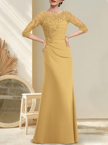 A-line Scoop Floor-Length Chiffon Lace Mother of the Bride Dress With Beading Pleated Sequins
