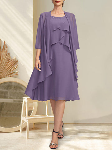 A-line Scoop Knee-Length Chiffon Mother of the Bride Dress With Beading