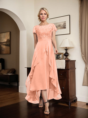A-line Scoop Illusion Asymmetrical Chiffon Lace Mother of the Bride Dress With Bow Ruffle Sequins