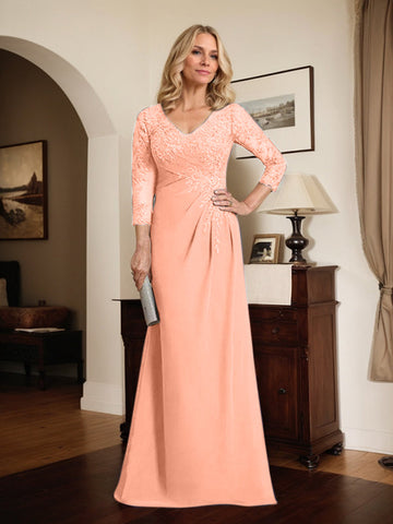 Sheath/Column V-Neck Illusion Floor-Length Lace Chiffon Mother of the Bride Dress With Pleated Sequins