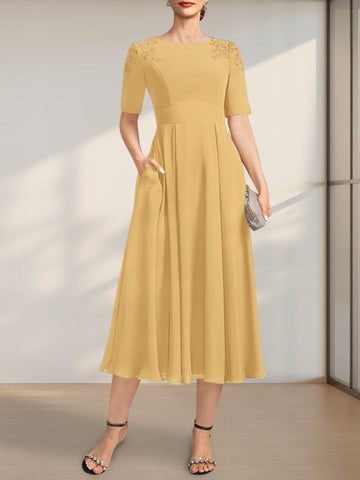 A-line Scoop Tea-Length Chiffon Mother of the Bride Dress With Appliques Lace Sequins
