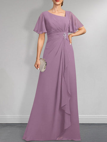 A-line Asymmetrical Floor-Length Chiffon Mother of the Bride Dress With Pleated Beading Sequins