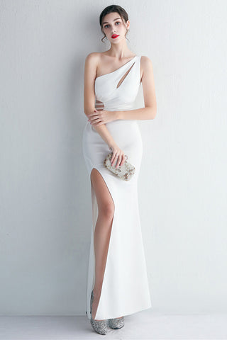 One Shoulder Black Long Prom Dress with Split Front