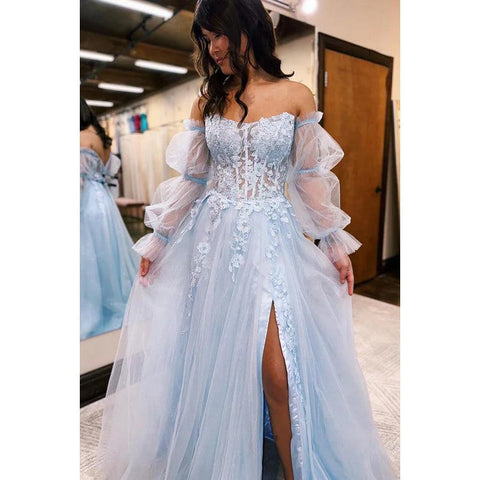 Glamoroso y dramático vestido de fiesta de graduación con hombros descubiertos, mangas largas, corte A, abertura lateral, apliques de tul