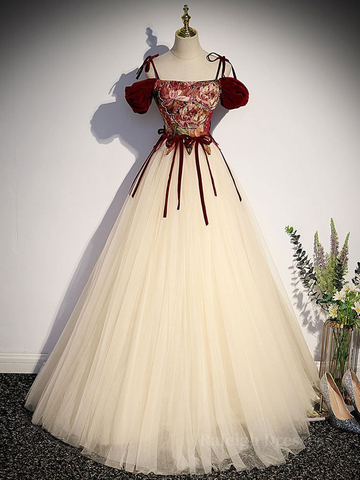Robe de bal longue vintage en tulle, coupe trapèze, bretelles spaghetti, Y7662