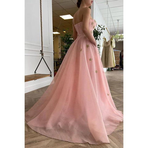 Vestido de fiesta de tul rosa con escote en forma de A y bolsillos 