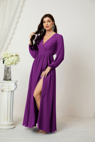 Sunnderly Evening Dresses Deep V-Neck Chiffon Bridesmaid Dresses Long Bishop Sleeve Side Split Formal Dress SY2806
