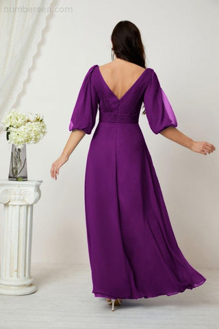 Baoleely  Formal Prom Gown Women V-Neck Chiffon Bridesmaid Dresses Long Bishop Sleeve Party Dress 2807