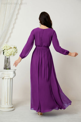 Sunnderly Evening Dresses Deep V-Neck Chiffon Bridesmaid Dresses Long Bishop Sleeve Side Split Formal Dress SY2806