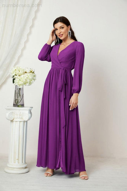 Numbersea Evening Dresses Deep V-Neck Chiffon Bridesmaid Dresses Long Bishop Sleeve Side Split Formal Dress 2806