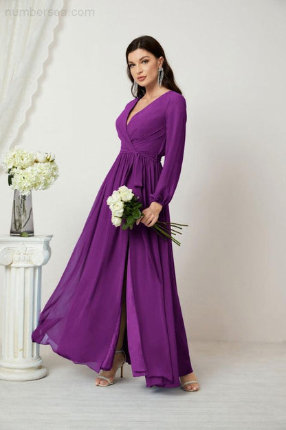 Numbersea Evening Dresses Deep V-Neck Chiffon Bridesmaid Dresses Long Bishop Sleeve Side Split Formal Dress 2806