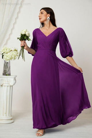 Baoleely  Formal Prom Gown Women V-Neck Chiffon Bridesmaid Dresses Long Bishop Sleeve Party Dress 2807