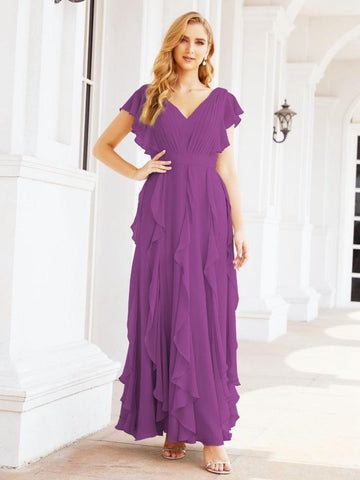 Robe de demoiselle d'honneur à volants et manches longues, robe de soirée formelle 28041 