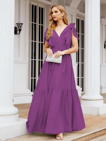 Baoleely Women's Open Back Formal Evening Party Prom Gowns V-Neck Long Chiffon Bridesmaid Dresses with Waist Belt 28038