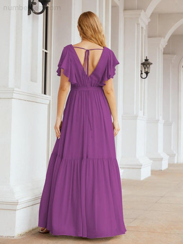 Baoleely Women's Open Back Formal Evening Party Prom Gowns V-Neck Long Chiffon Bridesmaid Dresses with Waist Belt 28038