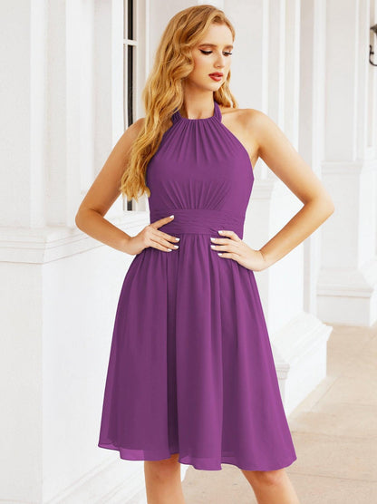 Numbersea Halter Chiffon Bridesmaid Dresses Short Sleeveless Formal Party Dress Open Back 28023