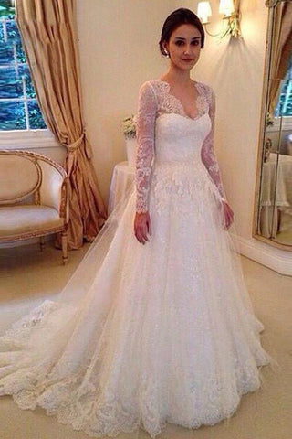 Fabulous A-line V-neck Long Sleeves Court Train Wedding Dresses With Appliques