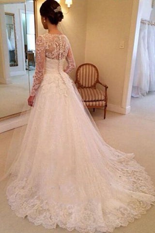Fabulous A-line V-neck Long Sleeves Court Train Wedding Dresses With Appliques