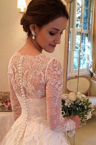 Fabulous A-line V-neck Long Sleeves Court Train Wedding Dresses With Appliques