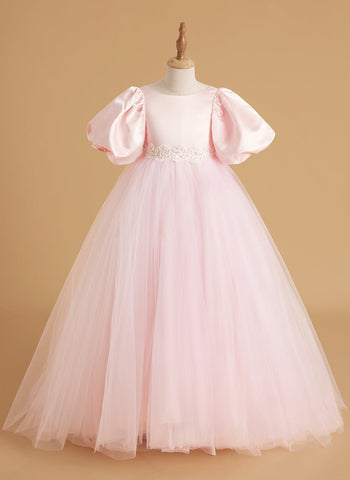 A-line Satin Tulle Short Sleeves Flower Girl Dress