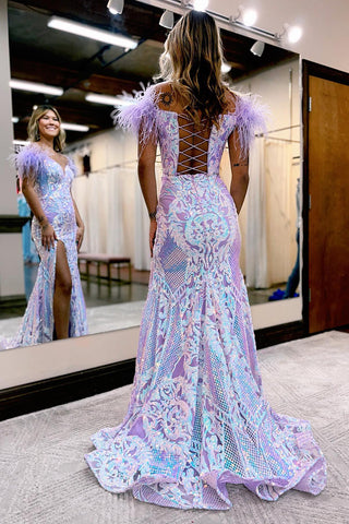 Glitter Royal Mermaid Off the Shoulder Sequins Long Prom Dress with Feather