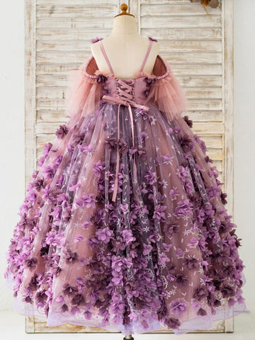 Ball-Gown/Princess 3D Flower Tulle Floor-length Dress