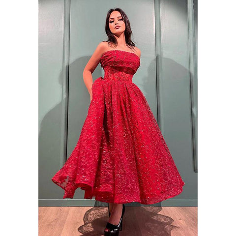 Vestido de fiesta glamuroso y dramático, corte A, estampado, hombros descubiertos, sin mangas