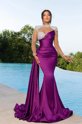 Purple Long Sleeves Evening Gown Mermaid Ruffle With Crystals