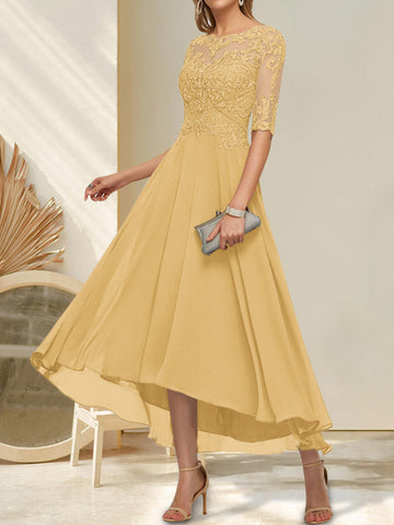 A-line Boat Neck Illusion Asymmetrical Chiffon Lace Mother of the Bride Dress With Sequins Beading
