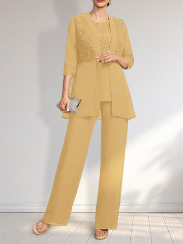 Jumpsuit/Pantsuit Separates Scoop Floor-Length Chiffon Lace Mother of the Bride Dress With Sequins