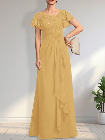 A-line Asymmetrical Illusion Floor-Length Lace Chiffon Mother of the Bride Dress With Cascading Ruffles Sequins