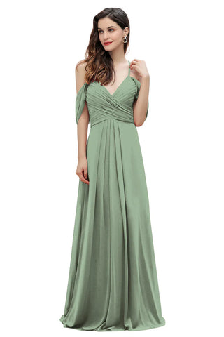 Elegante vestido de dama de honor de gasa corte A con tirantes finos y hombros descubiertos, largo hasta el suelo, ideal para bodas y fiestas.