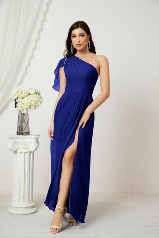 Robe de demoiselle d'honneur longue en mousseline de soie à volants et à une épaule, coupe trapèze, robe de soirée formelle fendue sur le côté, 2809