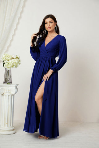 Sunnderly Evening Dresses Deep V-Neck Chiffon Bridesmaid Dresses Long Bishop Sleeve Side Split Formal Dress SY2806