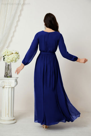 Sunnderly Evening Dresses Deep V-Neck Chiffon Bridesmaid Dresses Long Bishop Sleeve Side Split Formal Dress SY2806
