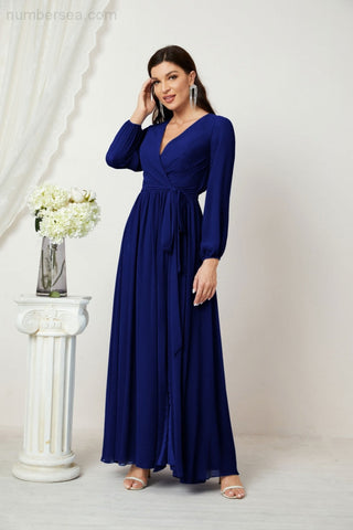 Sunnderly Evening Dresses Deep V-Neck Chiffon Bridesmaid Dresses Long Bishop Sleeve Side Split Formal Dress SY2806