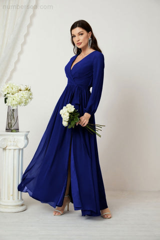 Sunnderly Evening Dresses Deep V-Neck Chiffon Bridesmaid Dresses Long Bishop Sleeve Side Split Formal Dress SY2806