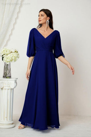 Baoleely  Formal Prom Gown Women V-Neck Chiffon Bridesmaid Dresses Long Bishop Sleeve Party Dress 2807