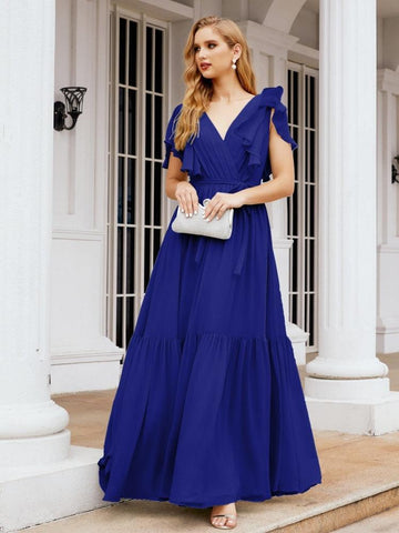 Baoleely Women's Open Back Formal Evening Party Prom Gowns V-Neck Long Chiffon Bridesmaid Dresses with Waist Belt 28038