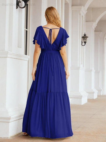 Baoleely Women's Open Back Formal Evening Party Prom Gowns V-Neck Long Chiffon Bridesmaid Dresses with Waist Belt 28038