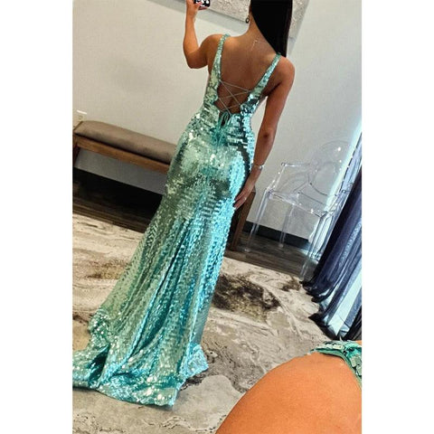 Vestido de fiesta de graduación con escote en V brillante, tirantes finos y abertura lateral 