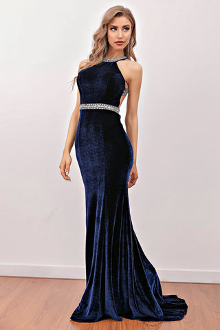 Navy Mermaid Velvet Long Prom Dress