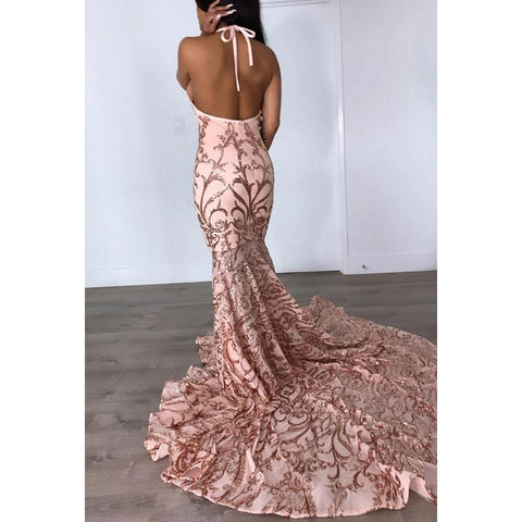 Robe de soirée longue sirène en satin à paillettes, col en V, dos nu, à paillettes