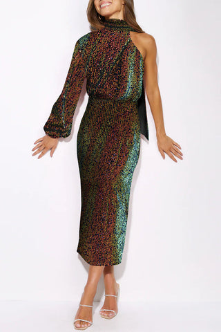 Vestidos de noche elegantes, formales, lisos, con lentejuelas y abertura halter (6 colores) 