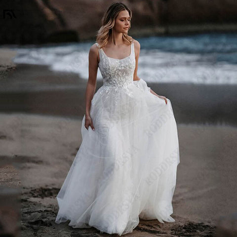 Sleeveless Appliques A-Line Bridal Gowns Backless Square Collar Wedding Dresses Spagehtti Straps Tulle Vestido De Novia