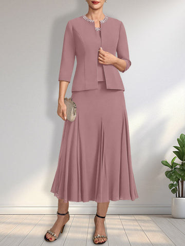 Separates A-line Scoop Tea-Length Chiffon Mother of the Bride Dress With Sequins Beading