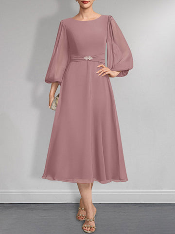 A-line Scoop Tea-Length Chiffon Mother of the Bride Dress With Crystal Brooch Pleated